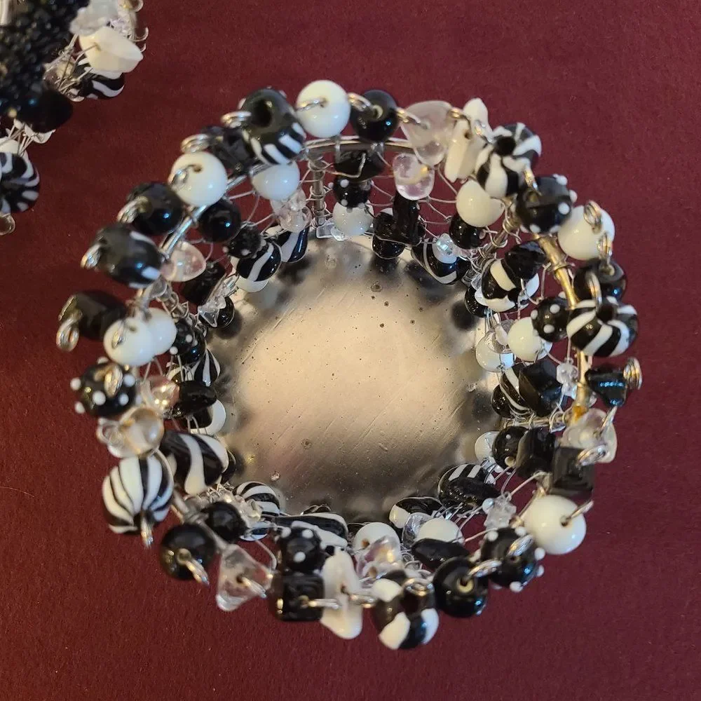 Black and White Metal Wire and Glass Beaded Bowls Baskets Made In India